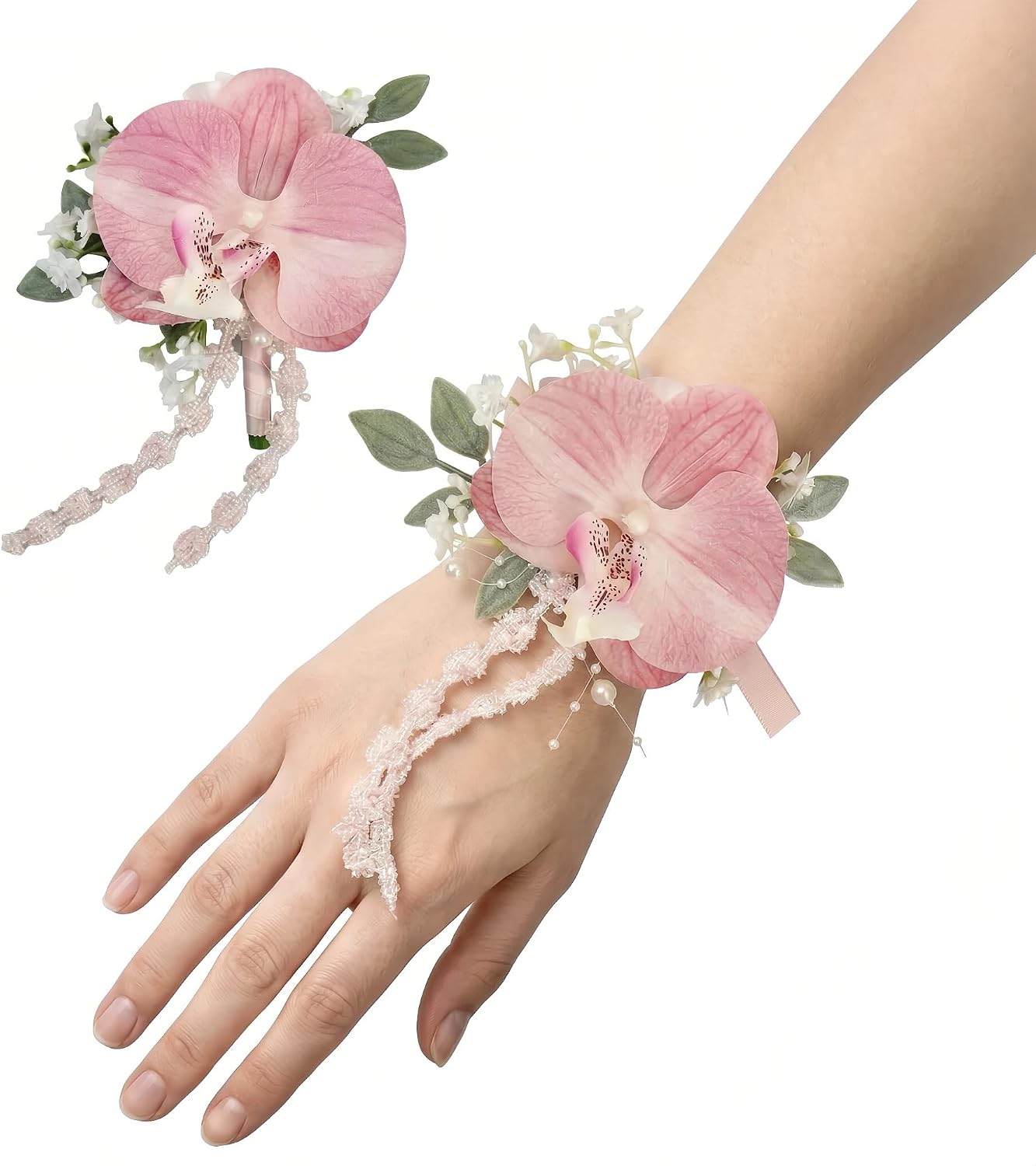 Pink Boutonniere and Corsage Set, Wedding Boutonniere Wrist Corsages Kit for Groom Groomsmen Bride Bridesmaid, Boutonnieres and Corsage Wristlet for Men Women Prom Party