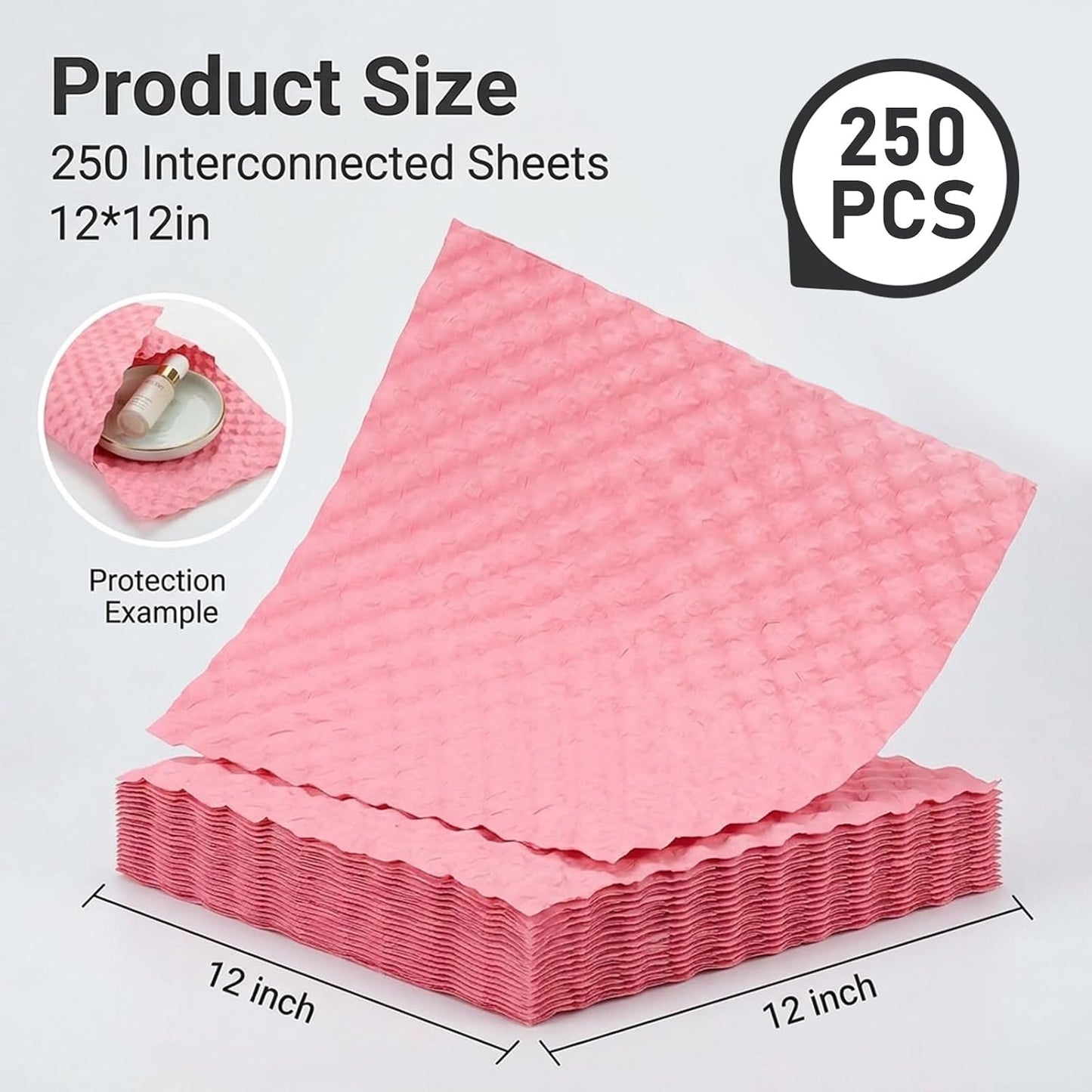 12" x 12" 250FT Pink Paper Bubble Wrap Sheets for Packing Embossed Kraft Cushioning Wrap Packing Paper for Moving Shipping Storage Fragile Items Glassware Dishes Gifts Small Business Packaging