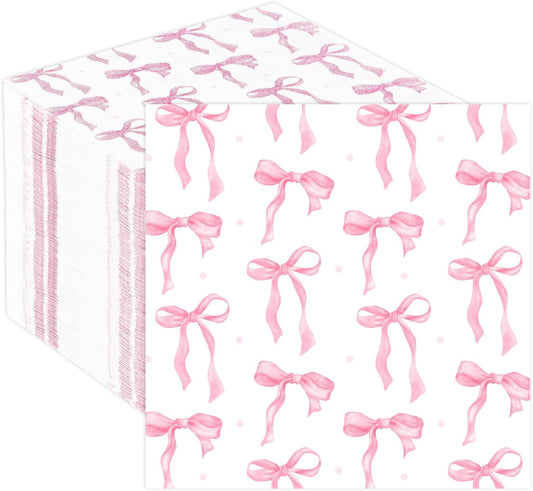 Pink Bow Party Napkins 50 Pack Coquette Bow Theme Party Decorations First Birthday Baby Shower She's Tying the Knot Bachelorette Party Bridal Engagement Decor 6.5"