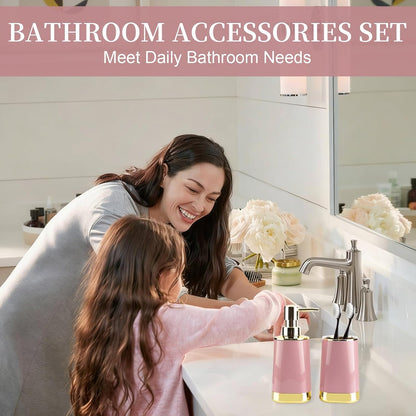 Bathroom Accessories Set, 2Piece Pink and Gold Bathroom Accessories Include Soap Dispenser and Toothbrush Holder for Modern Bathroom Decor