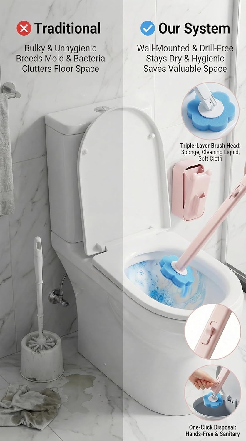 Disposable Toilet Brush for Bathroom Cleaning, Toilet Brush and Holder Set, Deep Cleaning Toilet Bowl Cleaner with Replaceable Heads, Hygienic Storage Design (Pink – 24 Refills Flip-Open Toilet Brush)