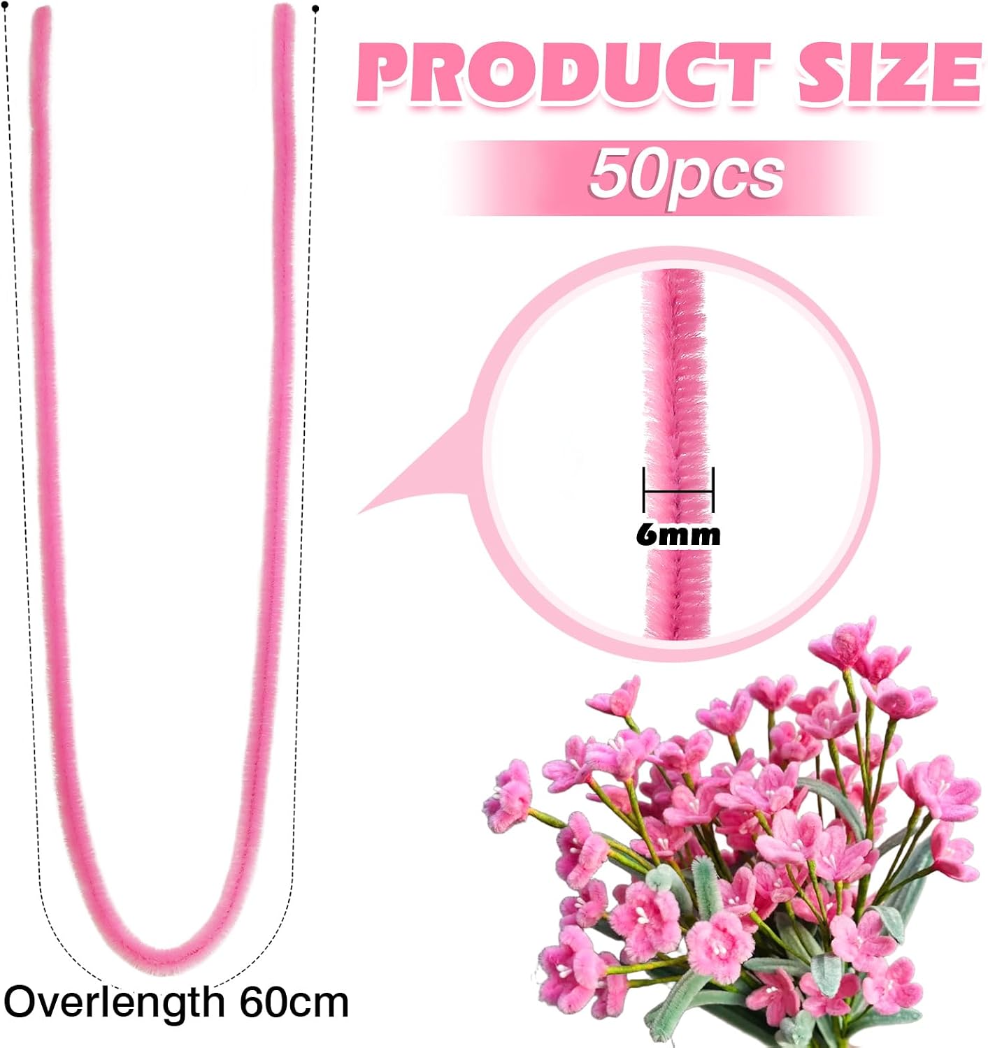 TOAOB 50pcs Long Pipe Cleaners Peach Pink Overlength Chenille Stems 24 Inch Fuzzy Sticks Craft Supplies for DIY Art Craft Projects Home Decorations