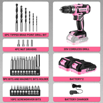 Power Drill Cordless: DEKOPRO 20V Electric Drills with 3/8-Inch Keyless Chuck, Variable Speed, Power Cordless Drill Set Tool with 2 Batteries, Charger&30 Accessories(Pink)