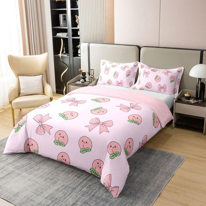 Erosebridal Bowknot 100% Cotton Duvet Cover Twin Size Peach Bedding Set for Kids Boys Girls Cute Cartoon Peaches Kawaii Pink Bow Comforter Cover Fruit Princess Ribbon Bowtie Bedclothes