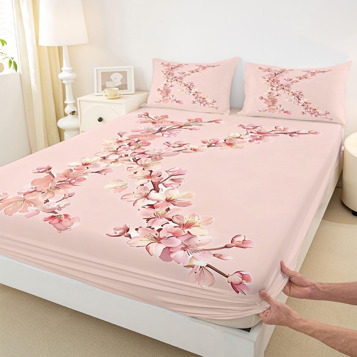 Feelyou Floral K Fitted Sheet with 2 Pillowcases Queen Size Initial Letter Bed Sheets Set 16" Deep Pocket Boys Girls Romantic Flower Bedding Teens Bedroom Decor Breathable Soft Lightweight Microfiber