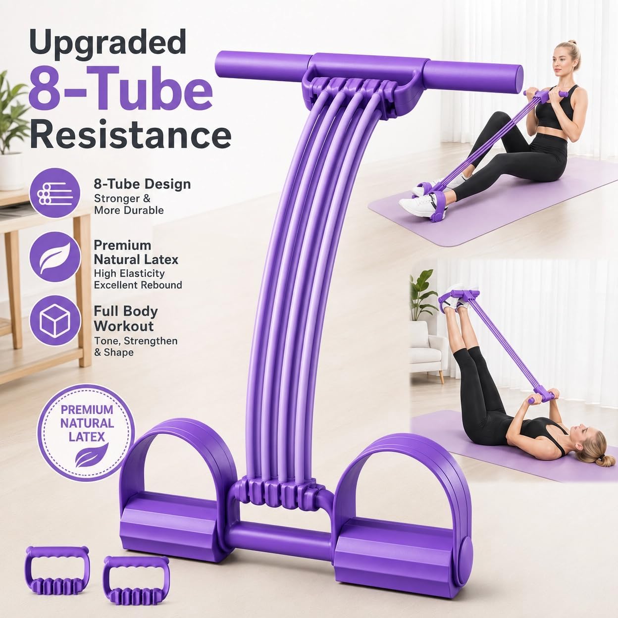 Pedal Resistance Band with Handle Upgraded 8-Tube Resistance Bands with Handles Set, 3-in-1 Multifunctional Chest Expander, Back Puller and Stretching Rope,Detachable Pedal Exerciser for Home