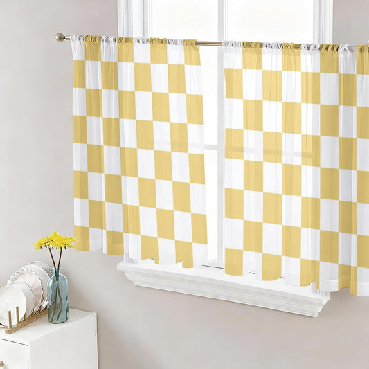 Lemon Yellow Checkered Sheer Curtains for Living Room Bedroom Geometric Yellow Buffalo Plaid Sheer Curtains 45 Inch Long 2 Panels Set Light Filtering Curtain Window Treatments Drapes for Dining Room