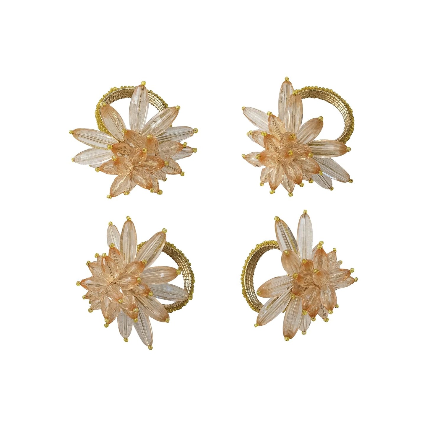 Creative Co-Op 4-Piece Round Handmade Acrylic and Glass Beaded Flower Napkin Rings with Gold Cord, Pink and Yellow Finish