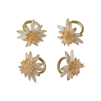 Creative Co-Op 4-Piece Round Handmade Acrylic and Glass Beaded Flower Napkin Rings with Gold Cord, Pink and Yellow Finish