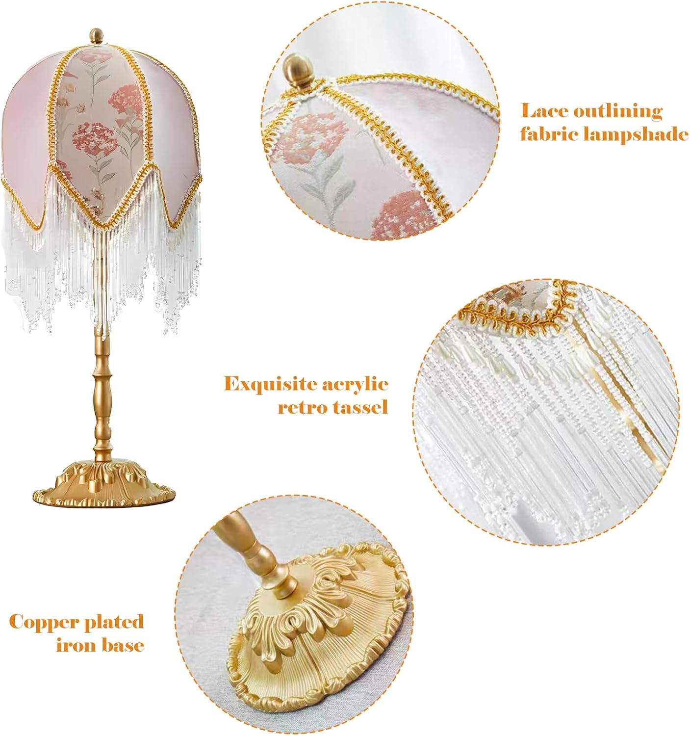 American Retro Pink Table Lamp, Handmade Custom Beaded Tassel Desk Lamp, Victorian Style, for Bedside Bedroom Living Room Study Room Home Office Reading Room Desk Lamp