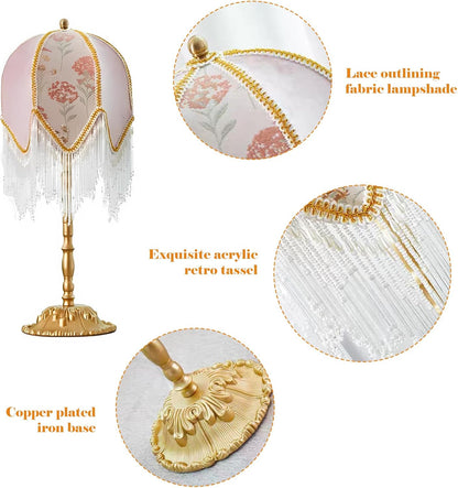 American Retro Pink Table Lamp, Handmade Custom Beaded Tassel Desk Lamp, Victorian Style, for Bedside Bedroom Living Room Study Room Home Office Reading Room Desk Lamp