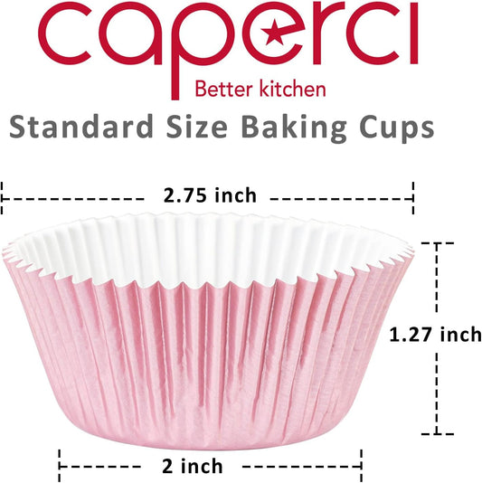 Caperci Pink Foil Cupcake Muffin Liners Standard Size Baking Cups 150-Pack - Premium Greaseproof & Sturdy