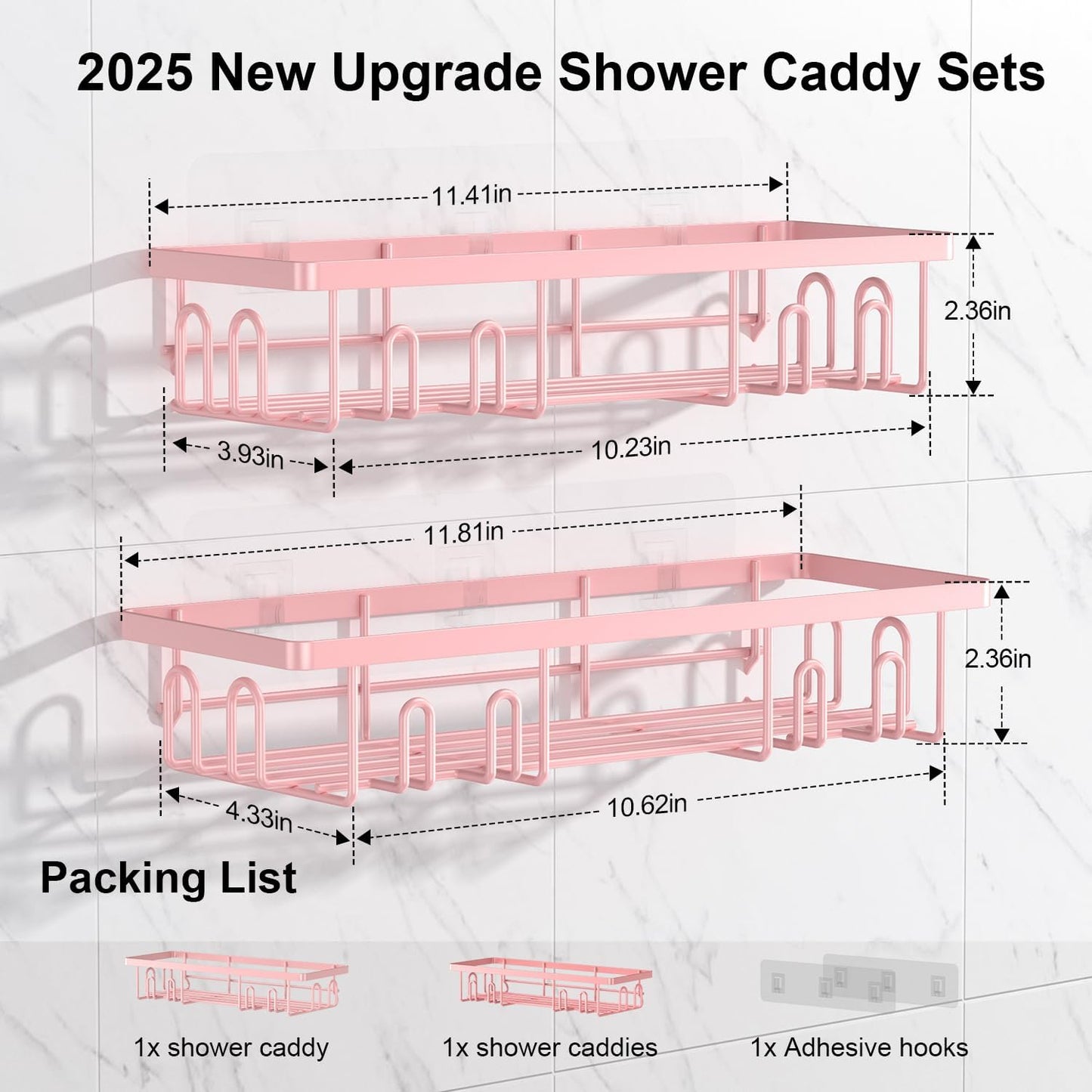 Getsrichfc Shower Caddy Adhesive, Rustproof Shower Shelves for Inside Shower, Large Capacity Bathroom Organizers and Storage, Shower Storage with Removable Hooks, No Drill Bathroom Accessories Pink