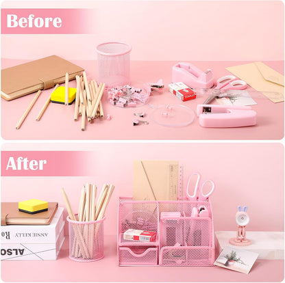 auroray Pink Desk Organizers and Accessories, Pink Office Supplies Include Mesh Desk Organizer, Tape Dispenser, Stapler, 1000 Staples, Staple Remover, Pen Holder, Clips Set, Ruler, Scissors