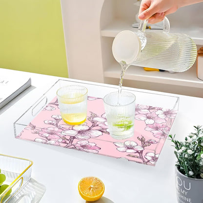 Peach Flowers Acrylic Serving Tray with Handles,Clear Serving Tray Decorative Organiser for Ottoman, Kitchen, Bedroom Decorative 12x16 Inches