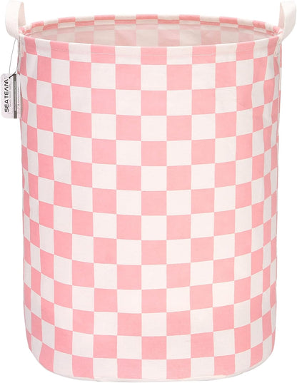 Sea Team 19.7 Inches Large Sized Waterproof Coating Ramie Cotton Fabric Folding Laundry Hamper Bucket Cylindric Burlap Canvas Storage Basket with Stylish Grid Pink Design