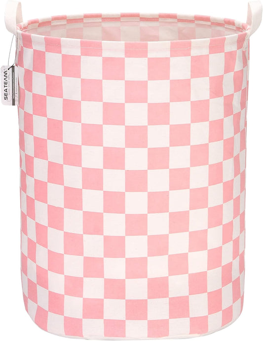 Sea Team 19.7 Inches Large Sized Waterproof Coating Ramie Cotton Fabric Folding Laundry Hamper Bucket Cylindric Burlap Canvas Storage Basket with Stylish Grid Pink Design
