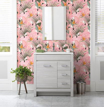 HAOKHOME Pink Wallpaper Peel and Stick Tropical Flamingos Removable Stick on Contact Paper for Bedroom Pink/Green/Orange 17.7in x 9.8ft
