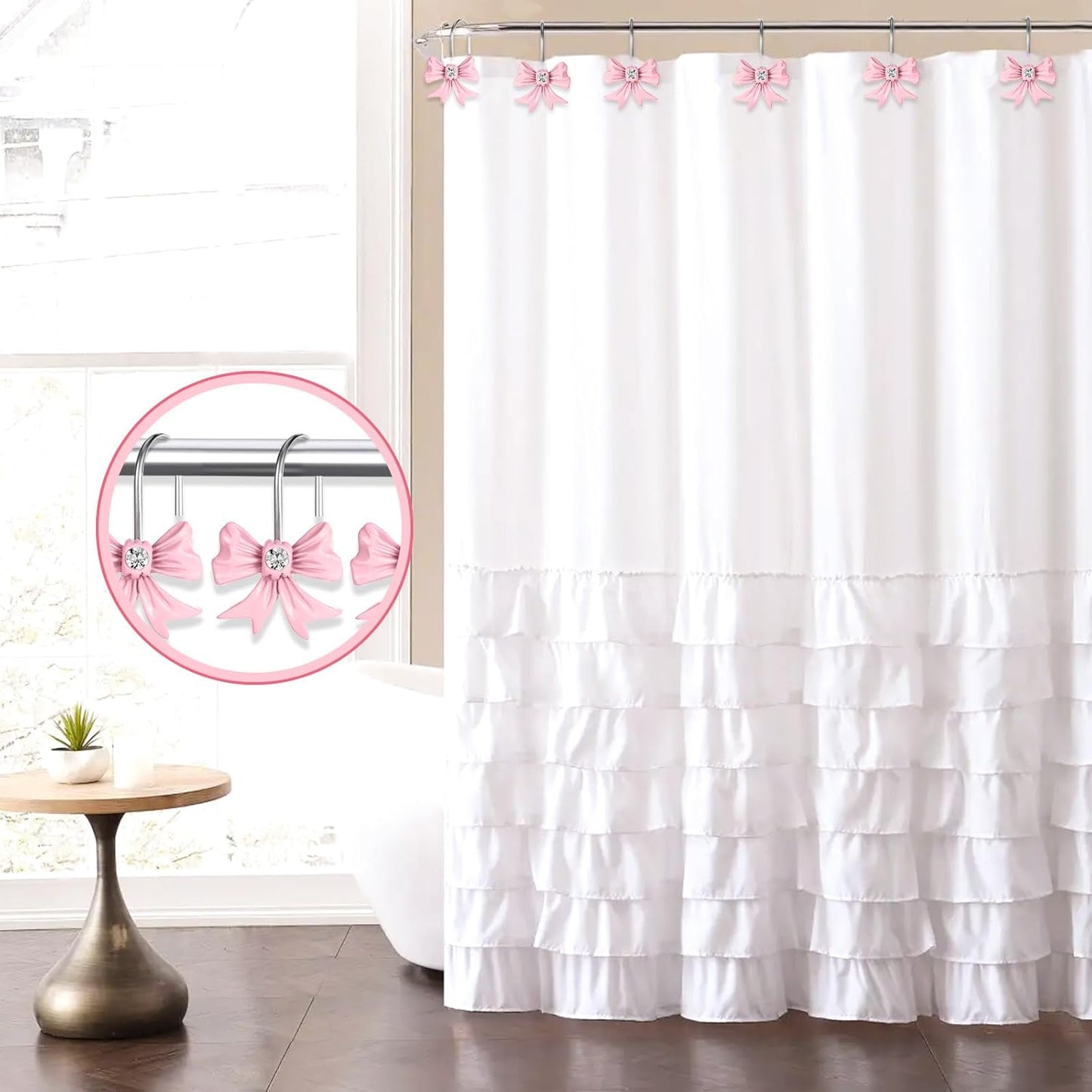 12pcs Pink Bow Shower Curtain Hooks Set, Bow Hooks Bathroom Rings Rust-Proof Resin Bow Pink Bathroom Accessories Hook, Shower Curtain Rings Shower Hooks for Straight Bent Rods Girls Bathroom Decor