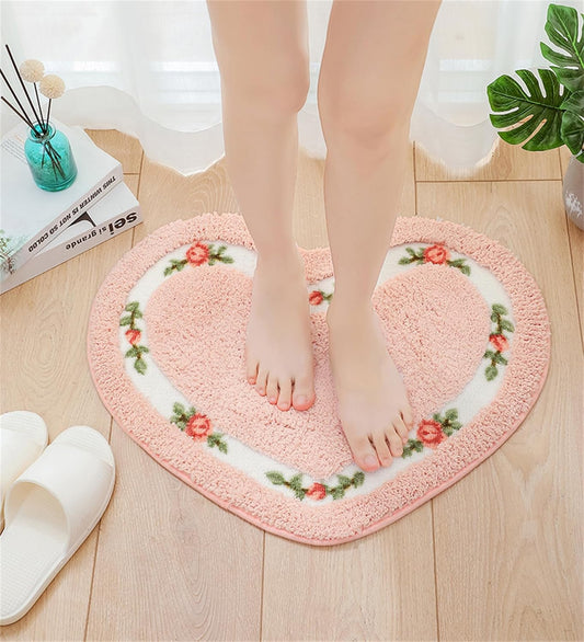 Heart Shaped Floral Rural Style Rug, Water Absorbent Bathroom Floor Mat, Shower Rug Bedroom Living Room Carpet (17.7x19.7inches, Pink)