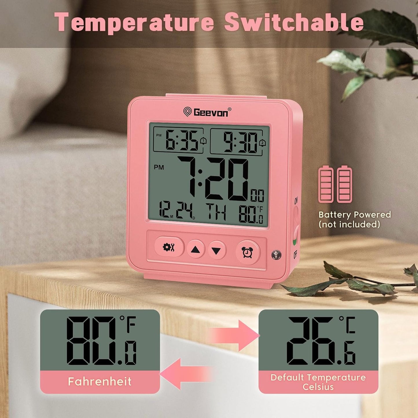 Geevon Smart Night Light Small Digital Alarm Clock with 2 Increasing Beep Alarm, Indoor Temperature, Battery Operated Travel Clock for Bedroom, Bedside, Desk(Pink)