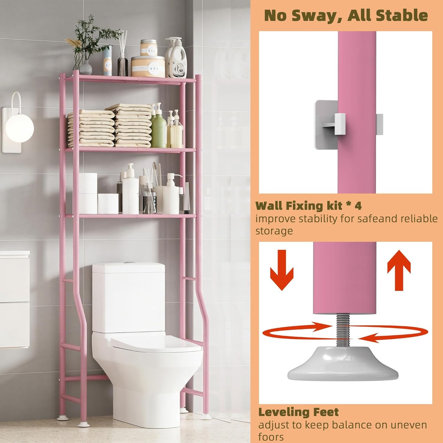 Livilord 3-Tier Over The Toilet Storage Rack, Space Saver Metal Bathroom Shelves, Freestanding Over Toilet Bathroom Organizer for Bathroom/Living Room (Pink)
