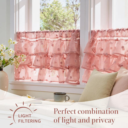 jinchan Ruffled Kitchen Valance Pom-Pom Voile Valance Curtains Sheer Shabby Chic Small Window Treatment for Living Room Bedroom Laundry Rod Pocket 1 Panel 18 Inch Pink