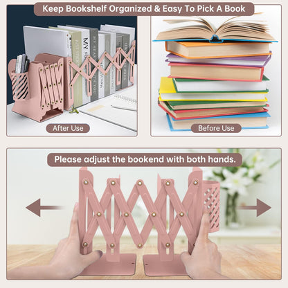 Adjustable Bookends, Metal Bookends for Heavy Books, Shelves, 2 Dividers, Expandable Book Organizer with Pen Holder for Desk, Office (19 inches Max) for 6 7 8 9-15 Boys, Girls, Pink