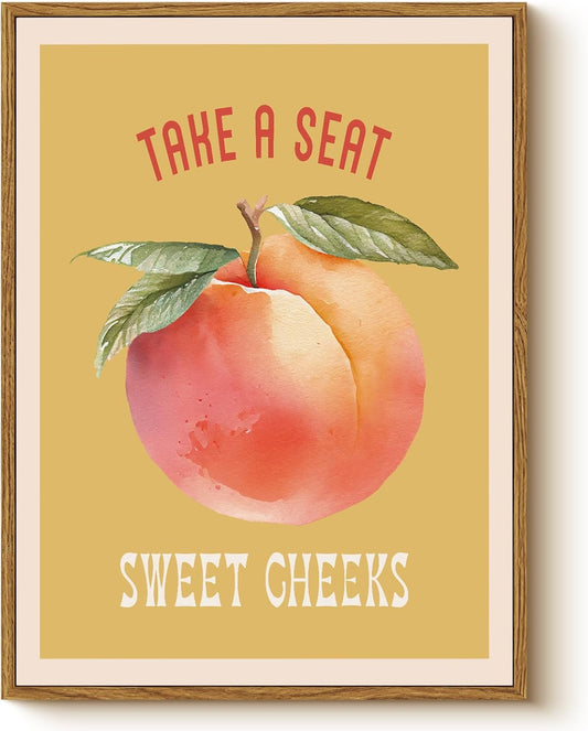 Quirky Take a Seat Sweet Cheeks Peach Wall Art Artwork, 12x16 Inch Framed Canvas Print Watercolor Painting with Playful Text, Vibrant Bathroom Living Room Fun Home Wall Decor