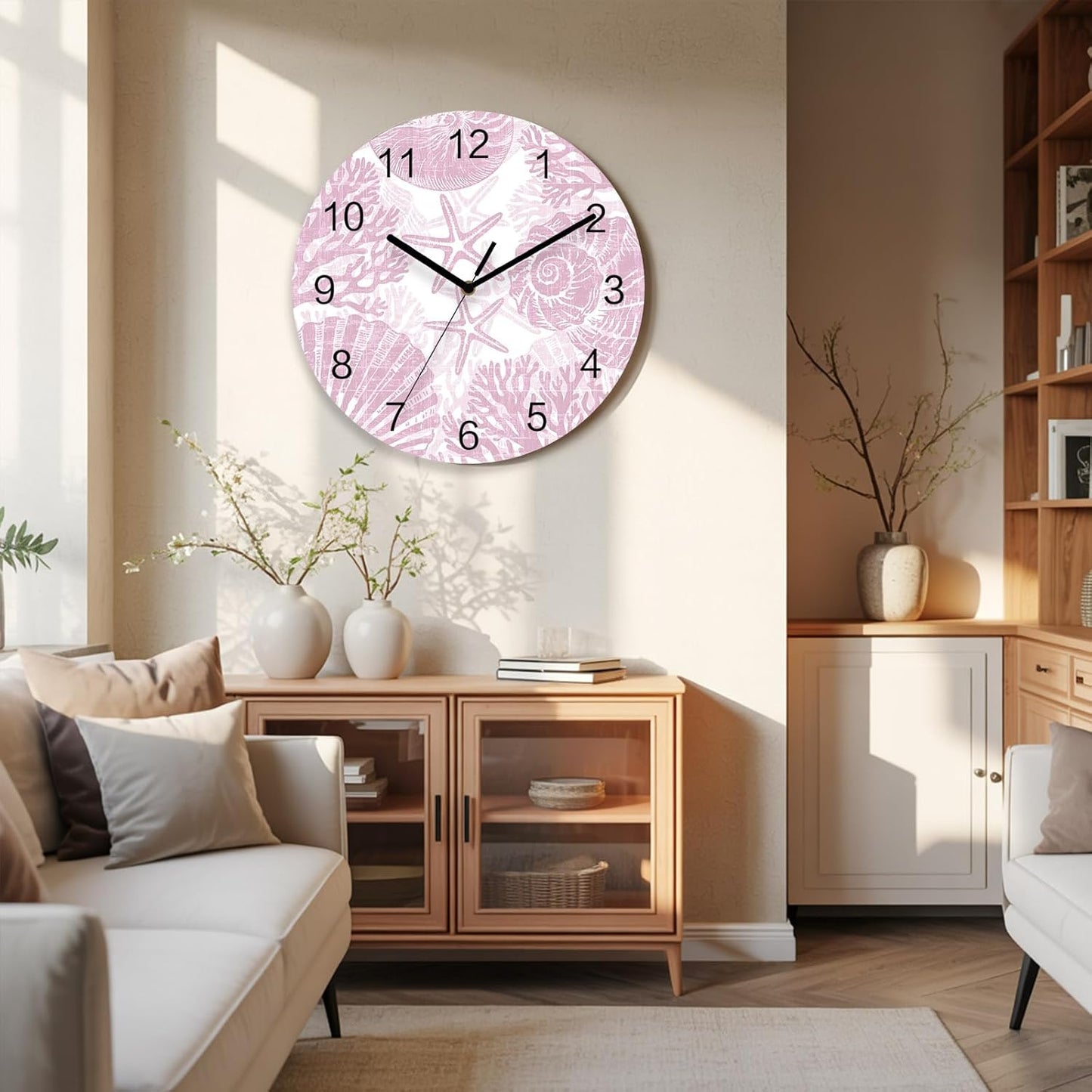 Coral Wall Clock Battery Operated Non-Ticking 10" Round Wood Clocks, Ocean Coral Coastal Marine Pink Kitchen Wall Clock for School Bathroom Living Room Home Office Wall Decor