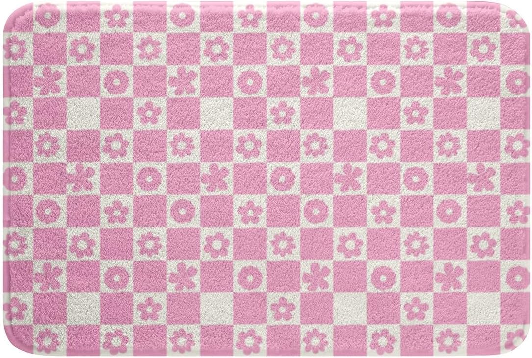 Feelyou Pink Checkered Bathroom Rugs Microfiber 20"x32" Cute Florals Bath Mats Non-Slip Checkerboard Grid Bathroom Accessories Checkerboard Geometric Floor Doormats Soft Door Mat