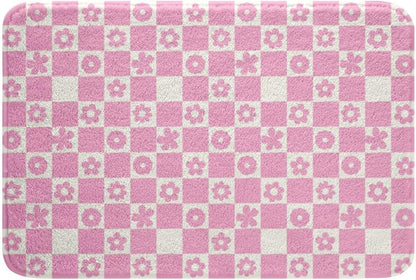 Feelyou Pink Checkered Bathroom Rugs Microfiber 20"x32" Cute Florals Bath Mats Non-Slip Checkerboard Grid Bathroom Accessories Checkerboard Geometric Floor Doormats Soft Door Mat