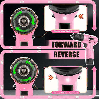 Tegatok Cordless Drill Set,12V Power Drill Set with Battery and Charger, Electric Driver Drills Bits, 3/8'' Keyless Chuck,18+1 Torque Setting with LED Electric Drills Set, Pink