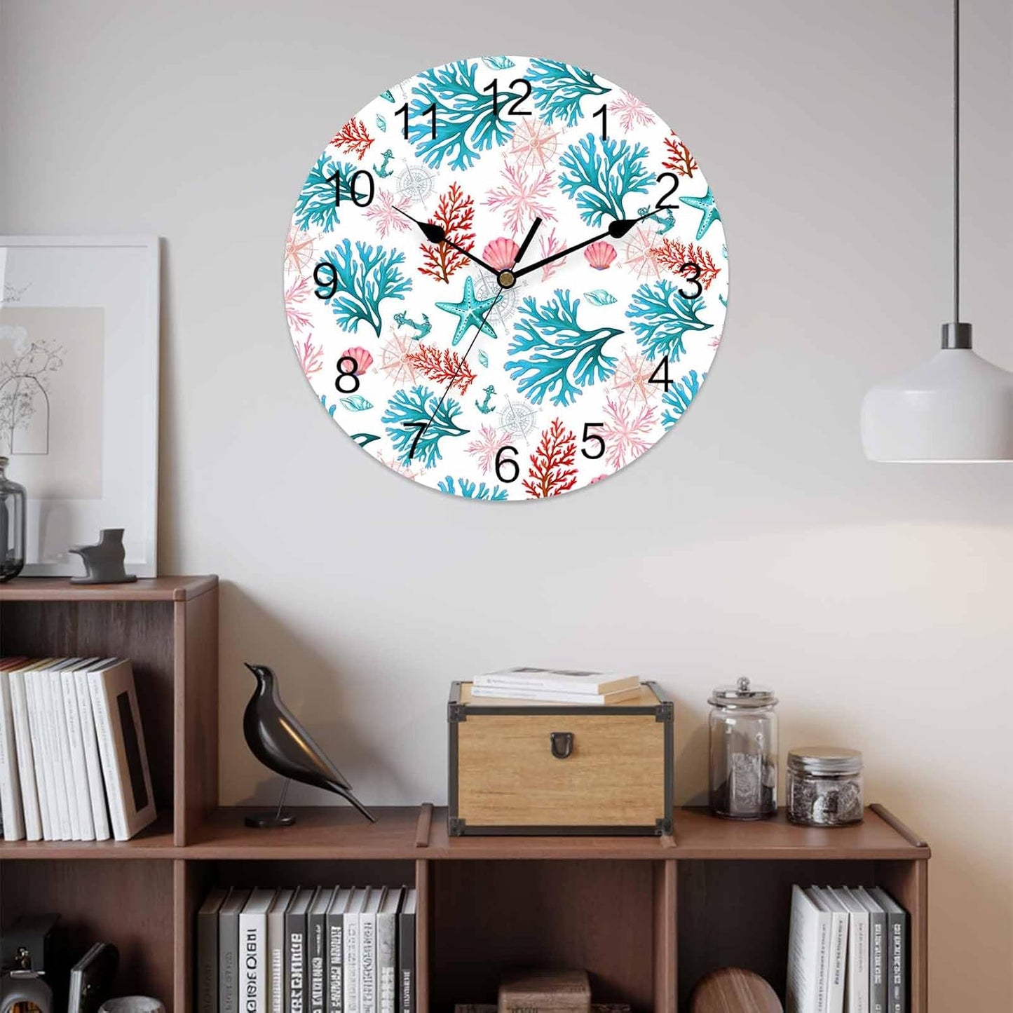 Wall Clock Ocean Coral Shell Clocks PVC Silent Non-Ticking Battery Operated Decorative Turquoise Pink Starfish Anchor Round Clock for Home Living Room Kitchen Bedroom Office School Wall Decor 10 Inch