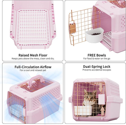 RIZZARI Small Hard Sided Pet Carrier, Ventilated Plastic Travel Crate with Metal Door and Top Handle for Small Dogs and Cats, Pink Small, Ideal for Car Travel Vet Visits and Daily Use