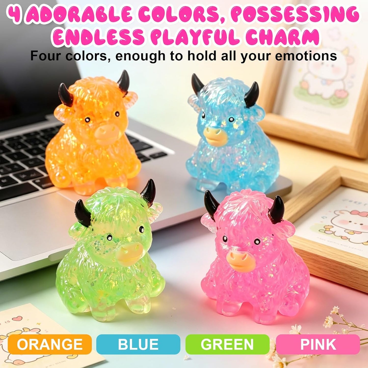 Glitter Highland Cow Squishies Fidget, Glitter Slow Rising Stress Ball for Adults, Soft Sensory Desk Decor,Cow Lover Gift (Pink)