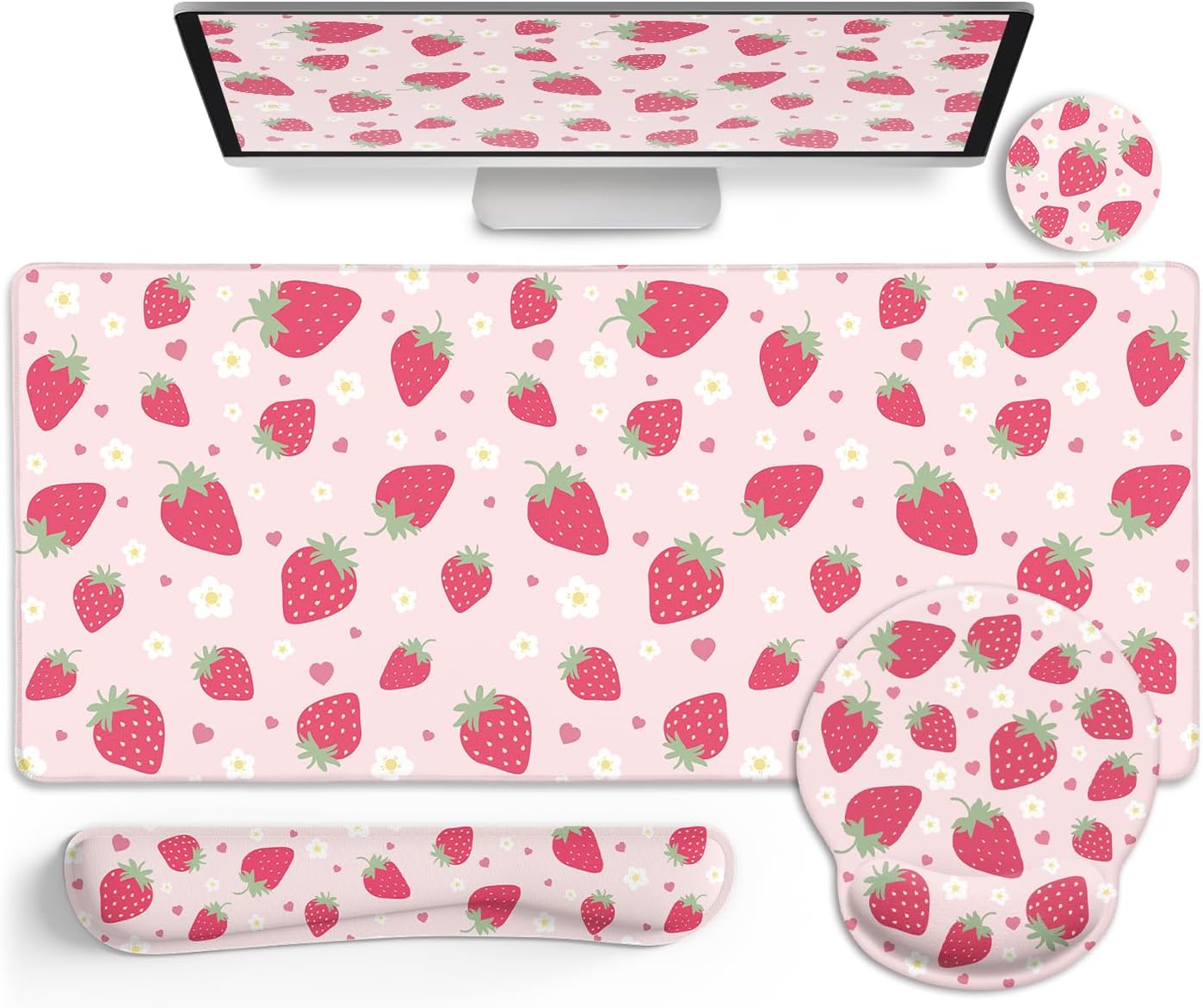 LIMKRIAN Strawberry Mouse Pad Desk Mat Set, Pink Ergonomic Mouse Pad with Wrist Rest, Large Gaming Mousepad Wrist Support Keyboard Mat Cup Coaster Set, Cute Office Desk Decor Accessories Supplies