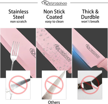 Kitchen Knife Set, Retrosohoo Pink Flower 6PC Stainless Steel Sharp Chef Cooking Non-slip Knife Set with Acrylic Stand & Block, Non-stick Colorful Coating Gift for Women Girls (Pink)