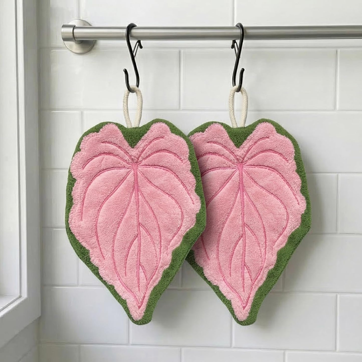 Sisher 2 Pack Cute Kitchen Hand Towels with Hanging Loops,Leaf Funny Hanging Hand Towel,Absorbent,Super Soft, and Fast Drying Oven Towels Hanging,for Bath Kitchen Decorative Plant Decor(Pink)