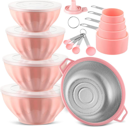 Ziliny 4 Pcs Mixing Bowls with Lids Plastic Nesting Bowls Set with Stainless Steel Colander 8 Pcs Measuring Cups and Spoons Set and Foldable Kitchen Funnel for Kitchen Cooking Accessories (Pink)