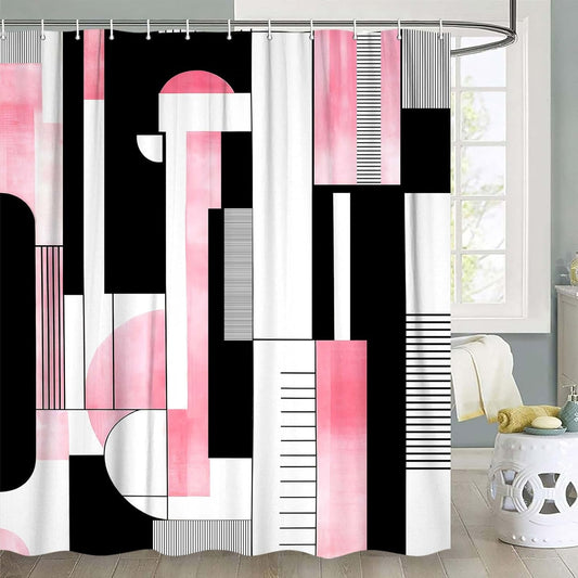 Pink Geometric Shower Curtain, Boho Abstract Striped Neutral Bathroom Curtain, Modern Minimalist Mid Century Aesthetic Bath Curtains Decor Waterproof Polyester Fabric with 12 Hooks, 47x72 in