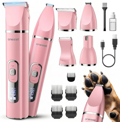 oneisall 4 in 1 Dog Grooming Kit with LCD Display, Dog Hair Trimmer for Paw Nail Grinder, Rechargeable Cordless Low Noise IPX7 Waterproof Pet Clippers Pink