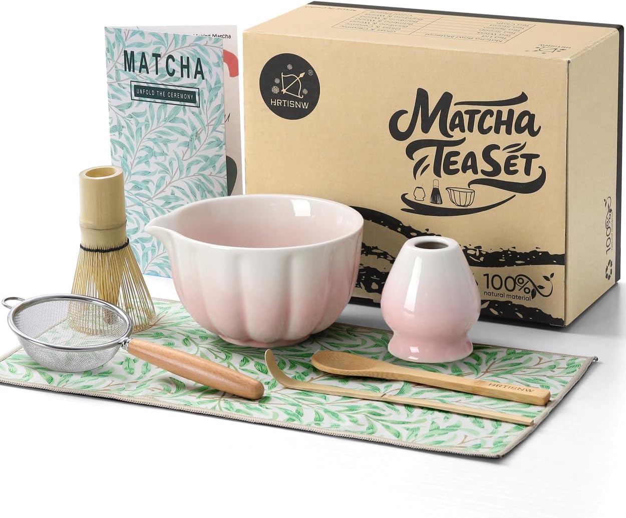 Matcha Whisk Set, 7 Pcs, Matcha Kit Includes Matcha Bowl, Matcha Whisk and Holder, Bamboo Scoop, Spoon, Sifter and Tea Towel, Matcha Set, Gift for Matcha Lovers & Beginners (Gradient Pink)