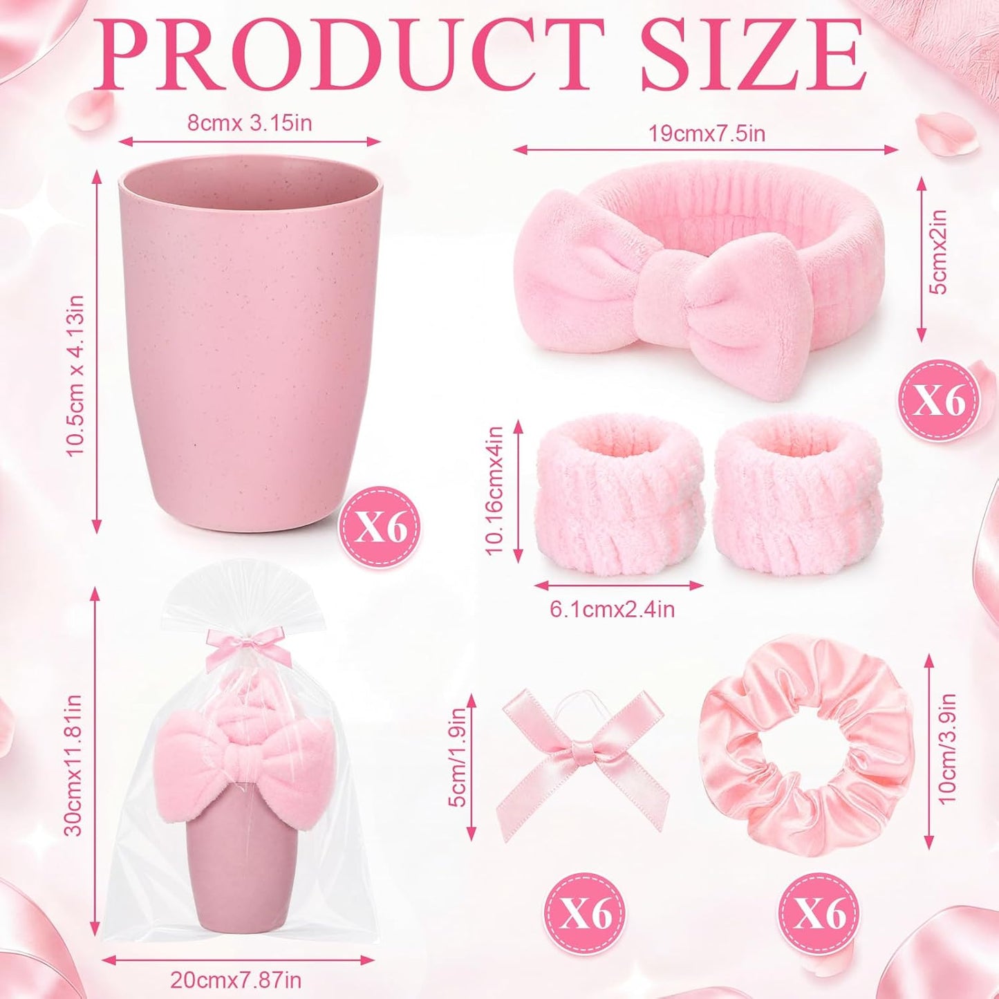 6 Set Sleepover Party Supplies for Girls Pink Toothbrush Cup Bow Headband Wristbands Scrunchies Slumber Gift for Women Birthday Bachelorette Sleepover Party Favors