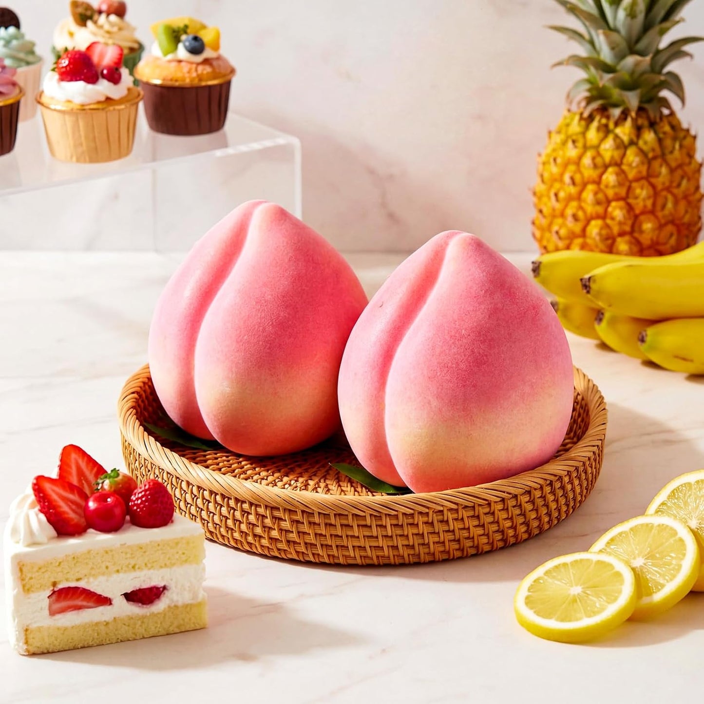 AceOrbit 2 Pcs Large Artificial Peach 7.48 Inch Foam Faux Peach Decorations Lifelike Fake Fruit Simulation for Home Birthday Party Cabinet Table Festival Kitchen Harvest Photography Prop