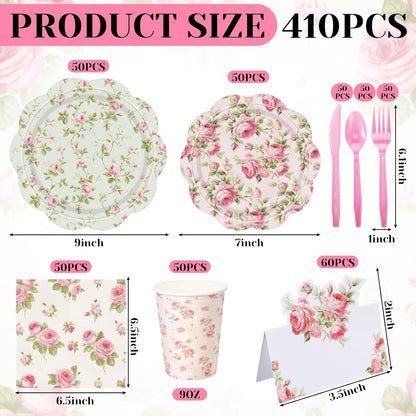 Shellwei 410 Pcs Pink Rose Tea Party Decorations Elegant Floral Paper Plates and Napkins Set Disposable Party Tableware Sets with Cups Knives Forks Spoons Seat Card Favors for 50 Guests