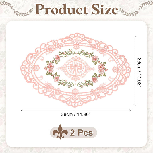 uxcell 2 Pcs Lace Placemats, 11x15-in Vintage Table Doilies Oval Embroidered Crochet Lace Dolly Cup Mat for Table Vase Home Decor, Pink