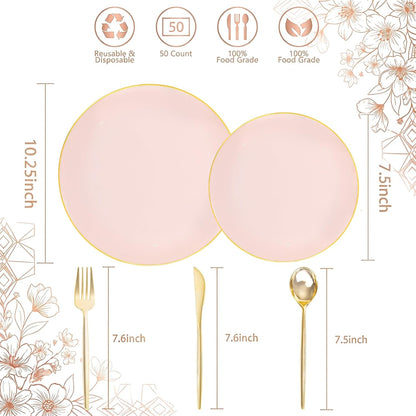 I00000 150 PCS Pink Plastic Plates for Party,Heavy Duty Pink Disposable Plates,Gold Dinnerware Set Include 30 Dinner Plates,30 Dessert Plates,30 Gold Plastic Silverware Set for Mother's Day