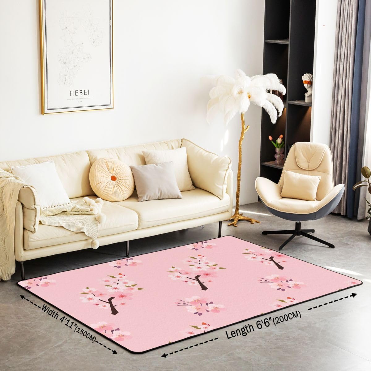 Erosebridal Floral Area Rug 6'6" x 4'11" Cherry Blossom Living Room Rugs Peach Blossoms Branches Hand Drawn Decorative Carpet Cute Girly Pink Flowers Indoor Floor Mat