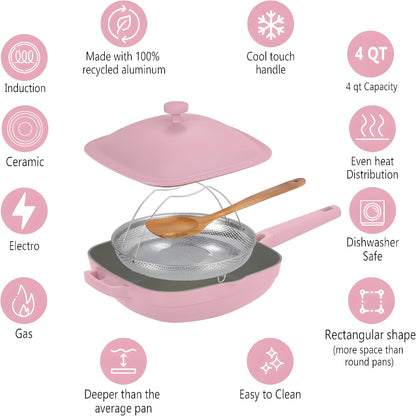 11" Square Ceramic Nonstick Frying Pan with Lid & Steamer Basket – Deep Saute Pan Skillet, PFAS-Free Non Toxic Cast Aluminum, Induction Compatible, Dishwasher Safe, Pink